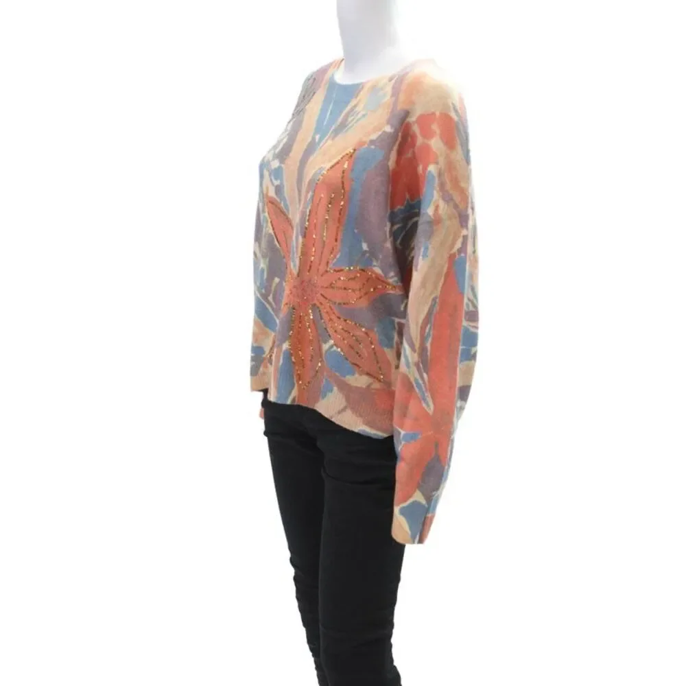 Renuar Womens Floral Print Sequined Pullover Knit Sweater Orange Size XS